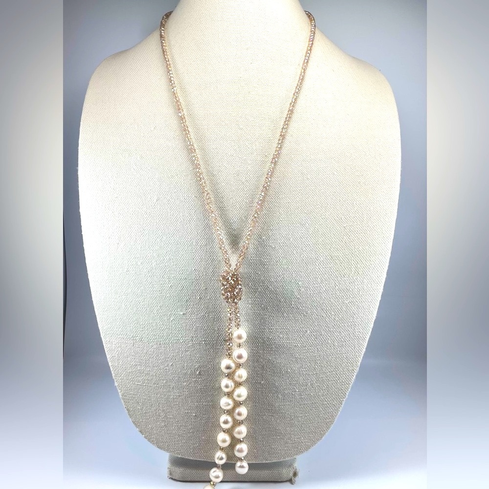 Freshwater Pearl Necklace Pink Champagne Glass Rondelle Beaded Elegant Tassel